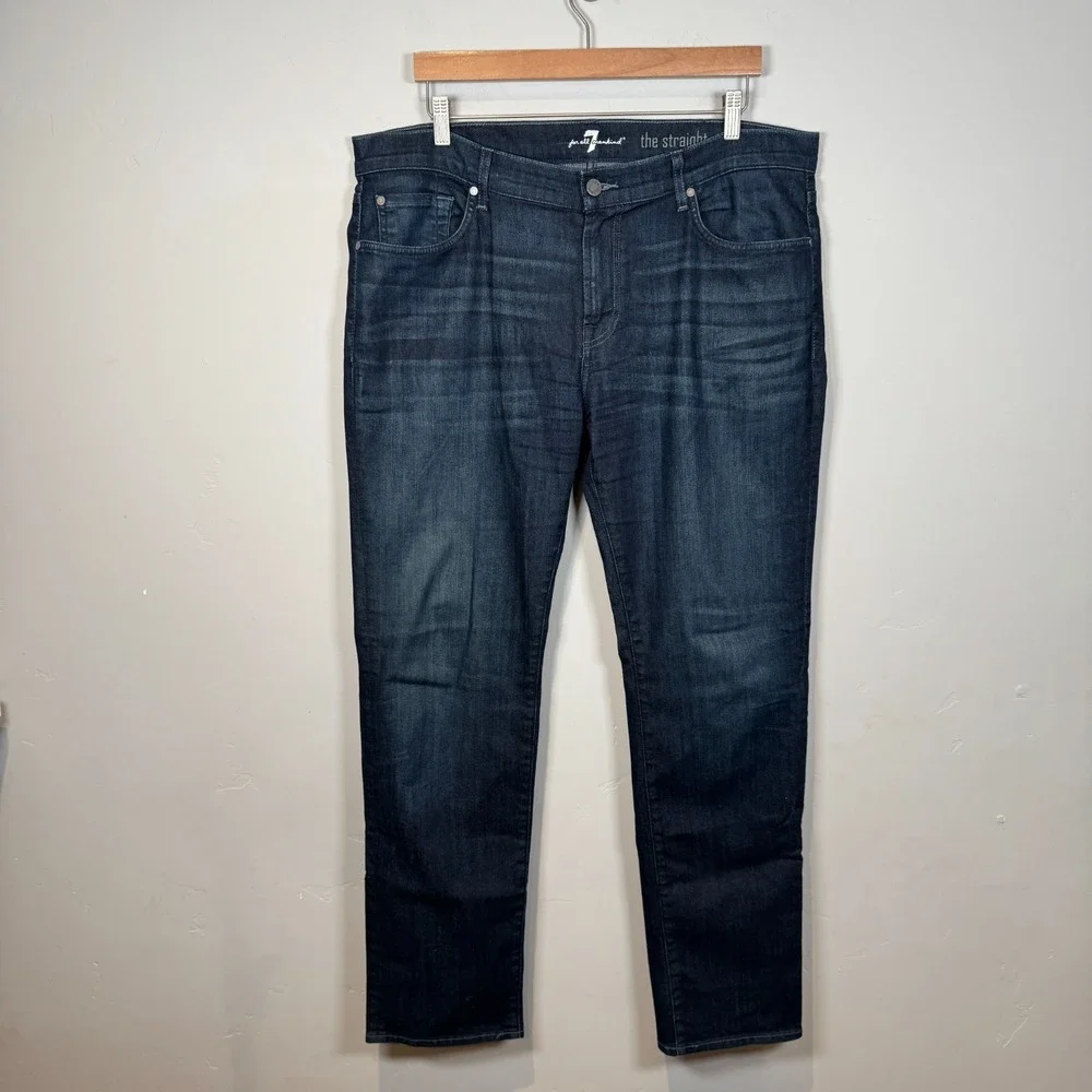 7 For All Mankind The Straight Jeans Mens 38x32 Stretch Dark Wash Denim Size‎ 38